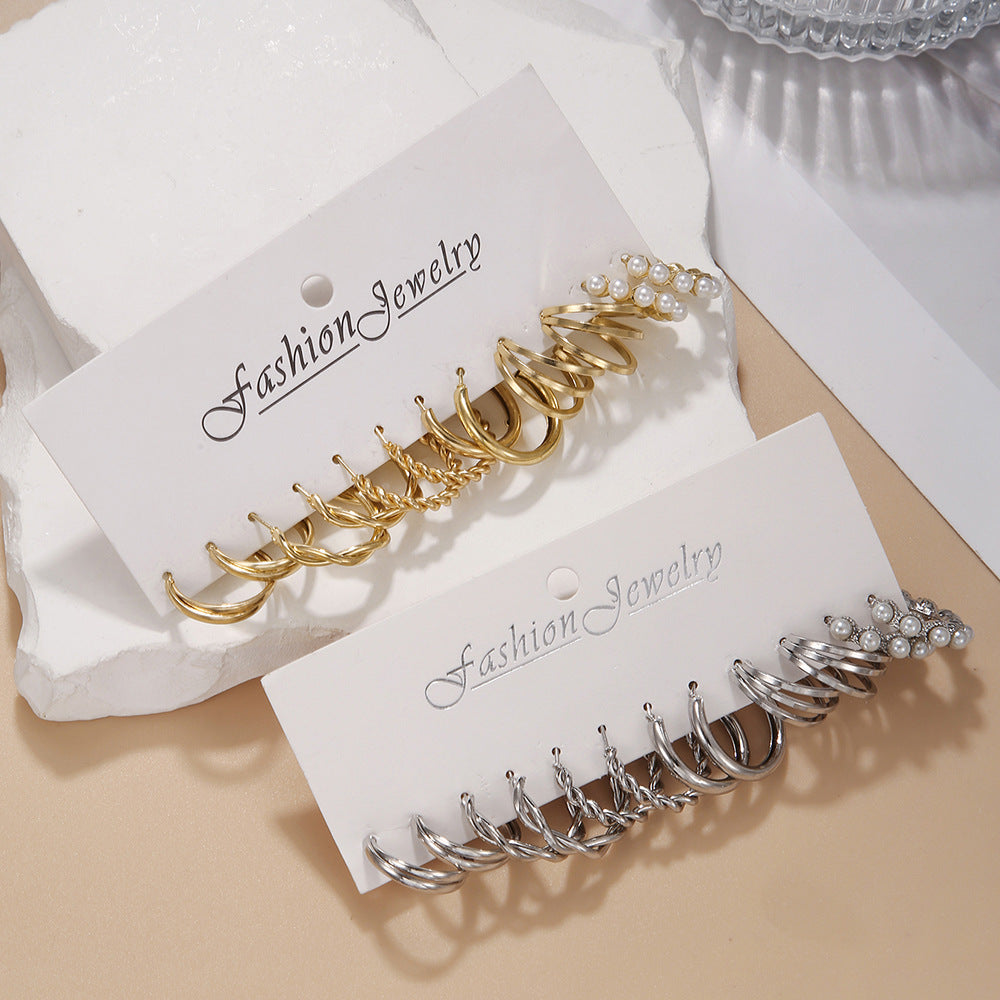 Minimalist Elegant Round Geometric Alloy Plated Rope Chain C-Hoop Earrings with Pearl