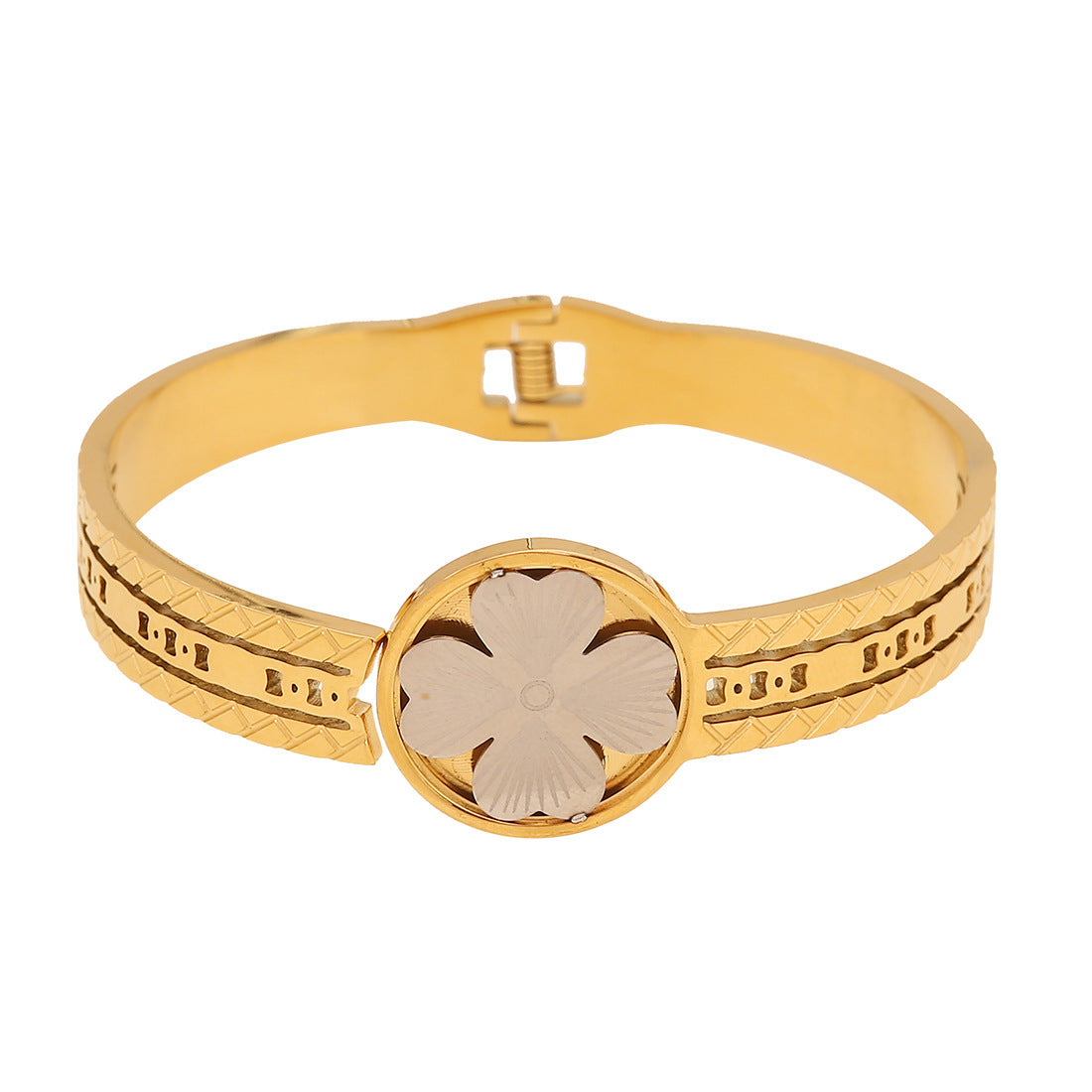 Bracciale rigido minimalista "Albero della Vita" con design floreale e ancora in acciaio inossidabile placcato oro