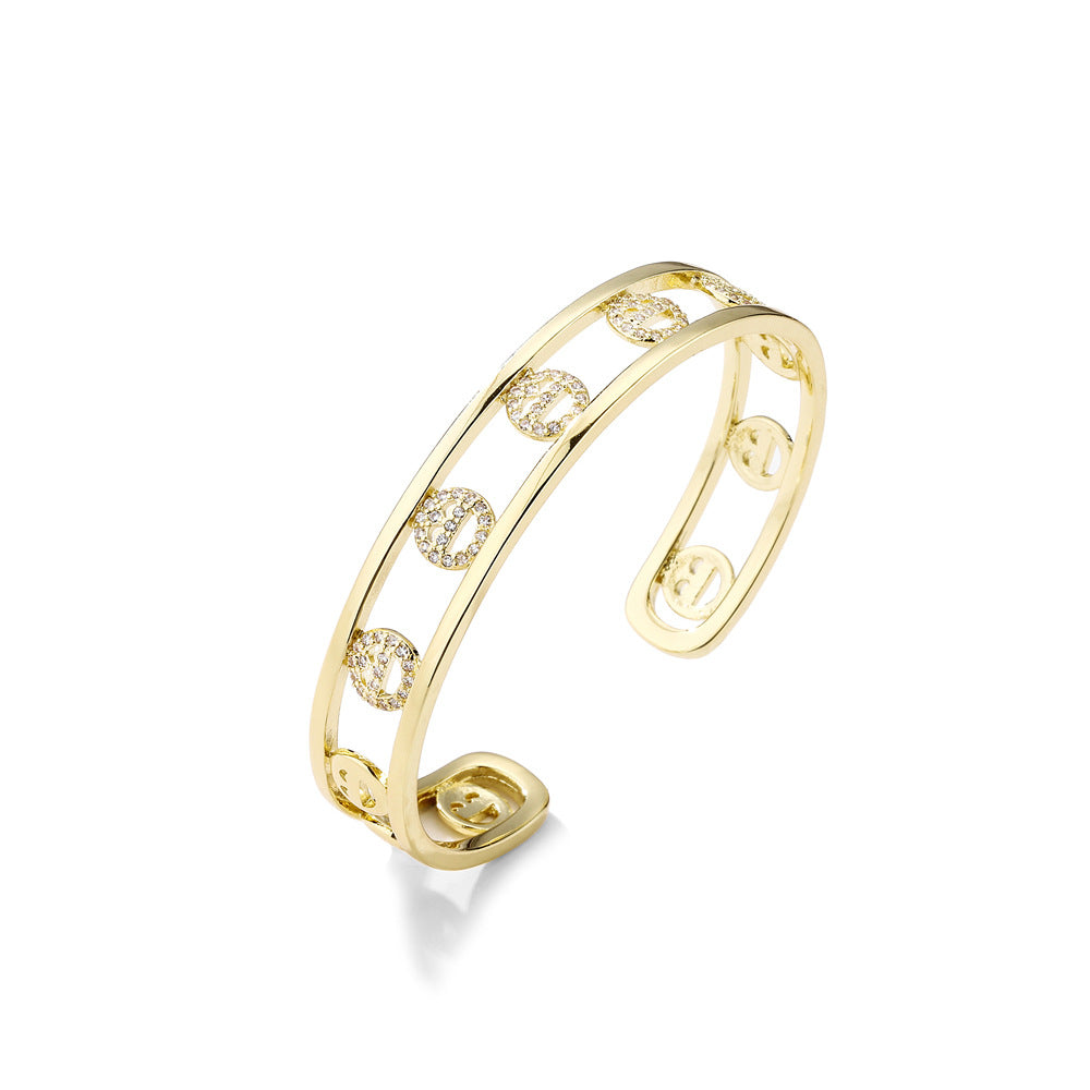 18K Gold Plated Brass Bangle with Micro-set Cubic Zirconia Hollow Design for Women