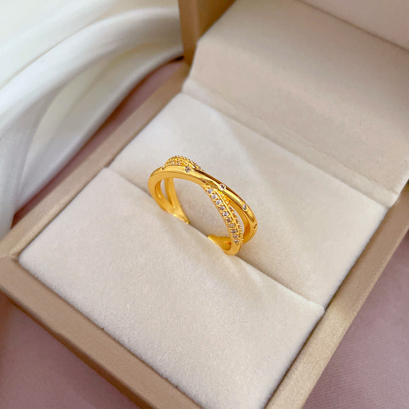Minimalist Cold-Weather Style Crown-Shaped Brass Ring with Zircon Inlay for Women