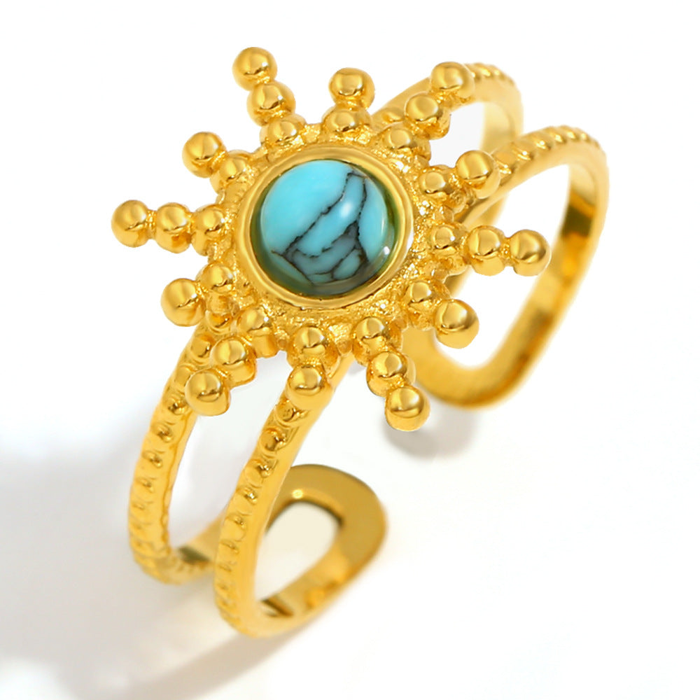 French Style Floral Sun-Shaped Stainless Steel Ring with 18K Gold Plating and Natural Turquoise for Women