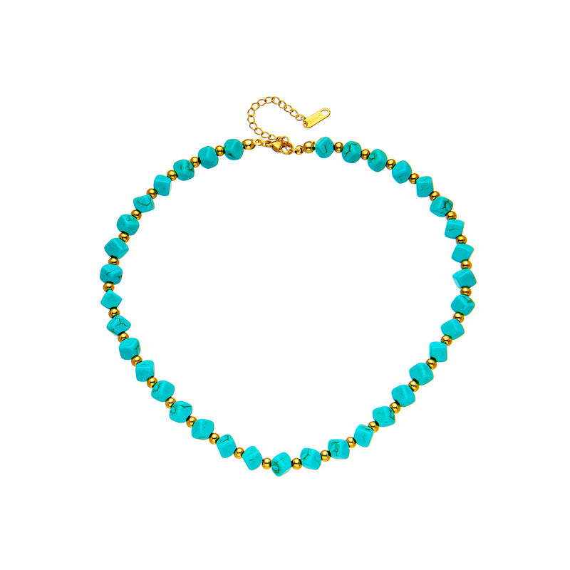 Vintage-Inspired Geometric Turquoise Beaded Braided Necklace in Titanium Steel with Plated Finish for Women