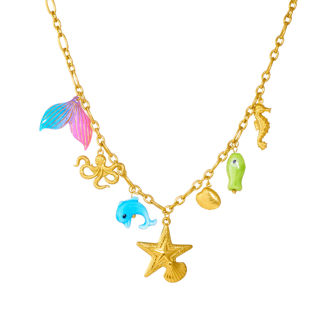 Sweet Cartoon Gradient Star and Octopus Acrylic Pendant Stainless Steel Cable Chain Necklace for Women