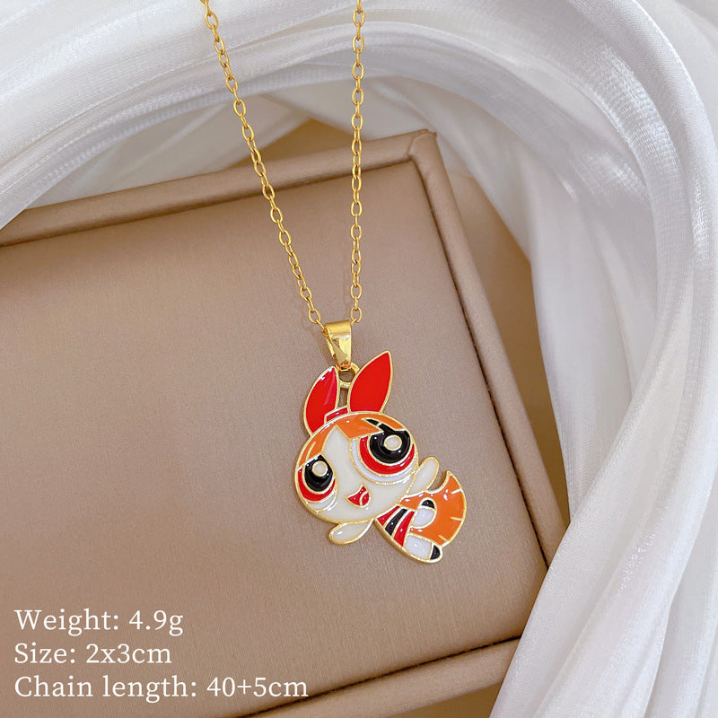 Sweet Cartoon Moon Geometric Rhinestone Pendant Titanium Steel Necklace for Unisex