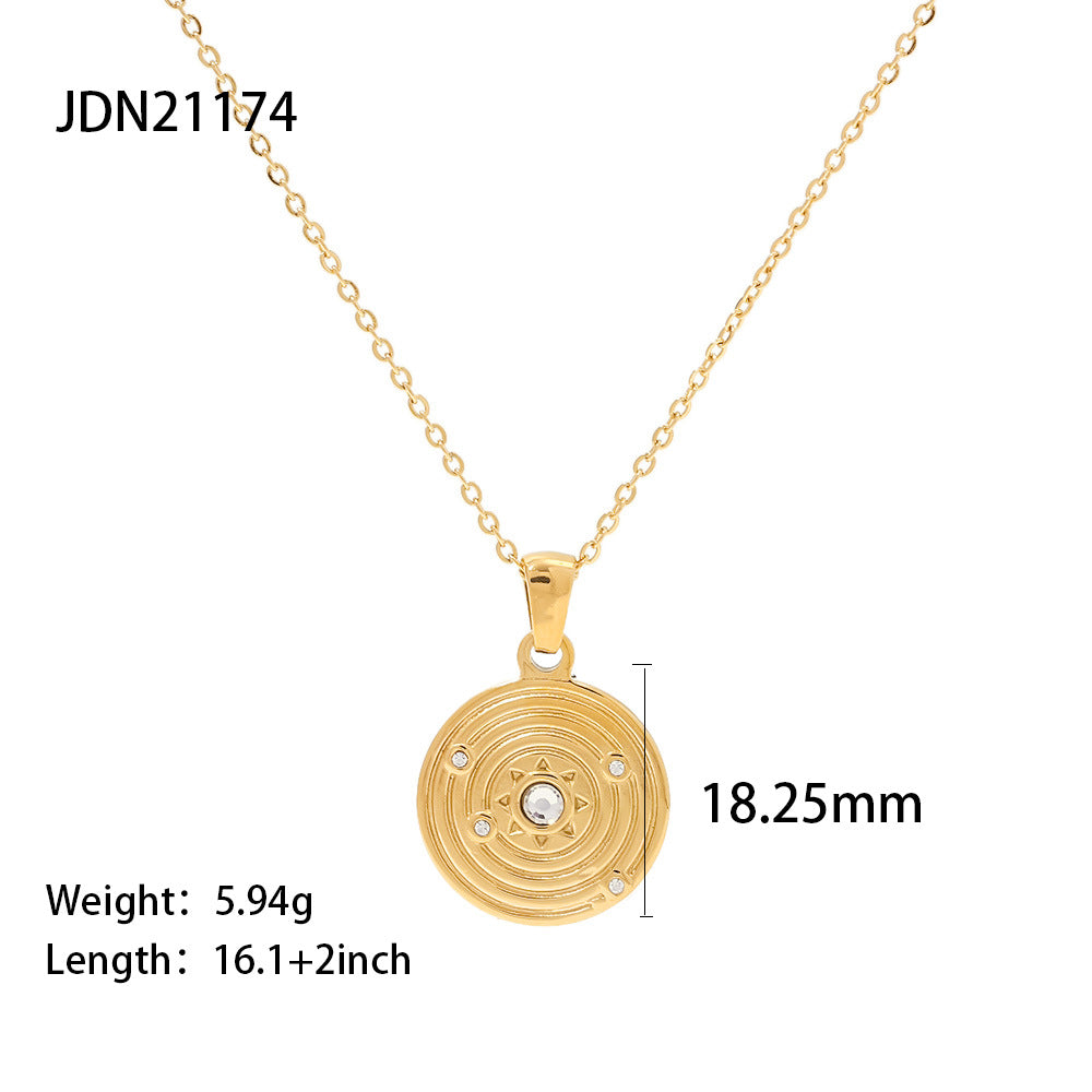 Minimalist Geometric Coin Pendant Necklace for Women Stainless Steel with Plated Finish Versatile Retro-Inspired Sweater Chain