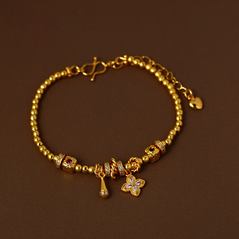 Elegante Bracciale Floreale Vintage Francese da Donna con Base in Rame Placcato Oro 24K e Intarsio di Zirconi, Gioielli Minimalisti di Lusso da Mano