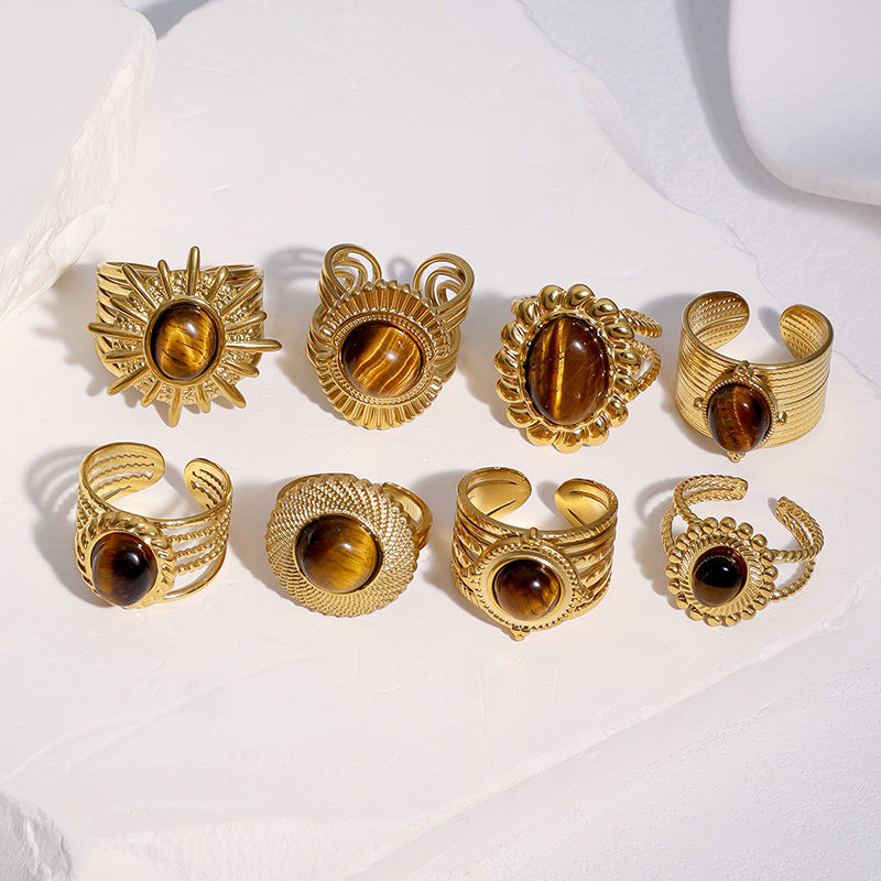 Vintage 18K Gold Plated Titanium Steel Open Ring with Tiger's Eye Inlay Round Oval Crown Design
