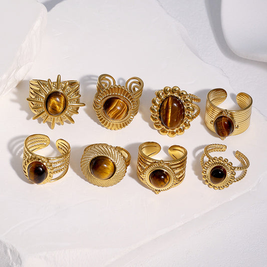 Vintage 18K Gold Plated Titanium Steel Open Ring with Tiger's Eye Inlay Round Oval Crown Design