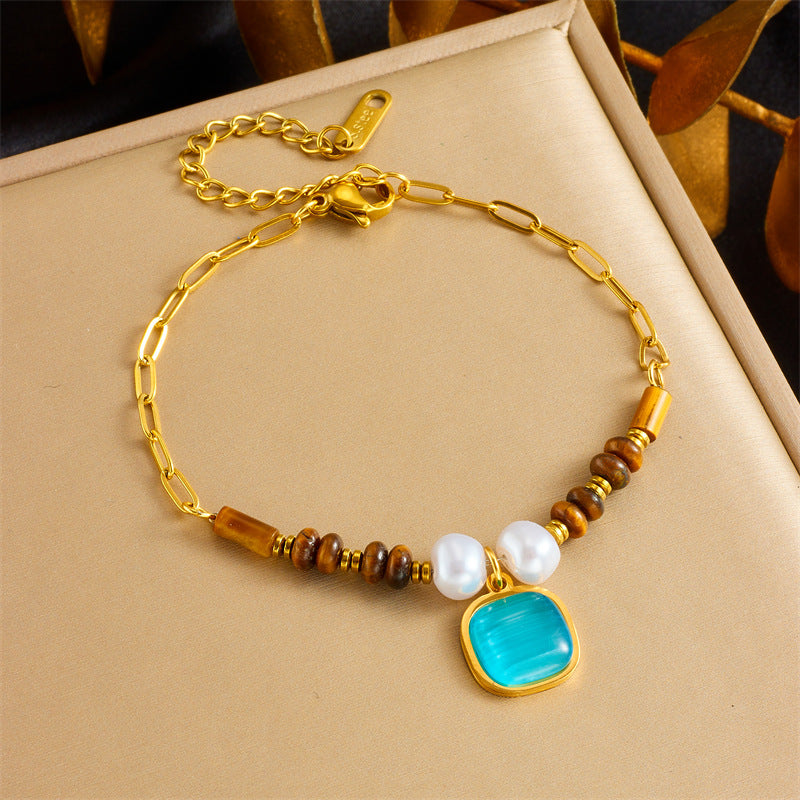 Vintage Oval Heart Gemstone Beaded Chain Bracelet