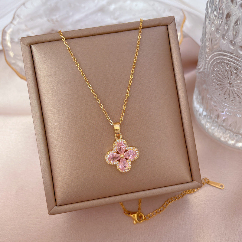 Elegant Floral-Shaped Titanium Steel Necklace with Micro-Pavé Rhinestones for Women, O-Chain Locket Style