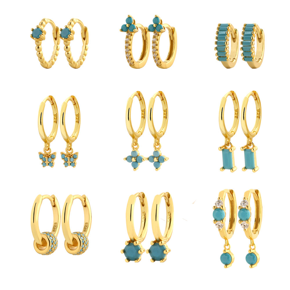 Aretes de aro de lujo para mujer de plata de ley 925, con diseño geométrico floral de mariposa en forma de lágrima y turquesa azul