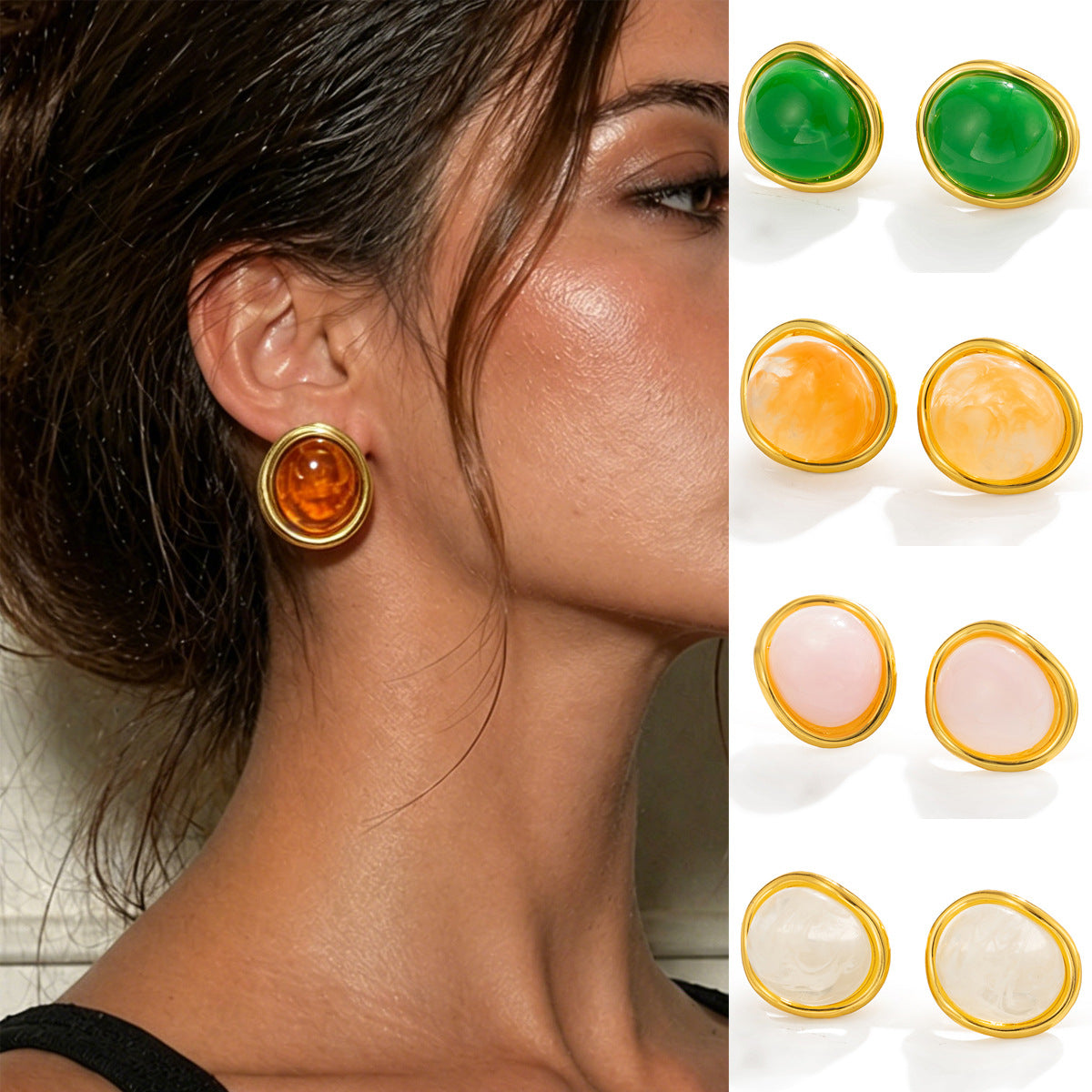 Luxury Elegant Geometric Oval Gradient Resin Plated Stainless Steel Earrings for Women