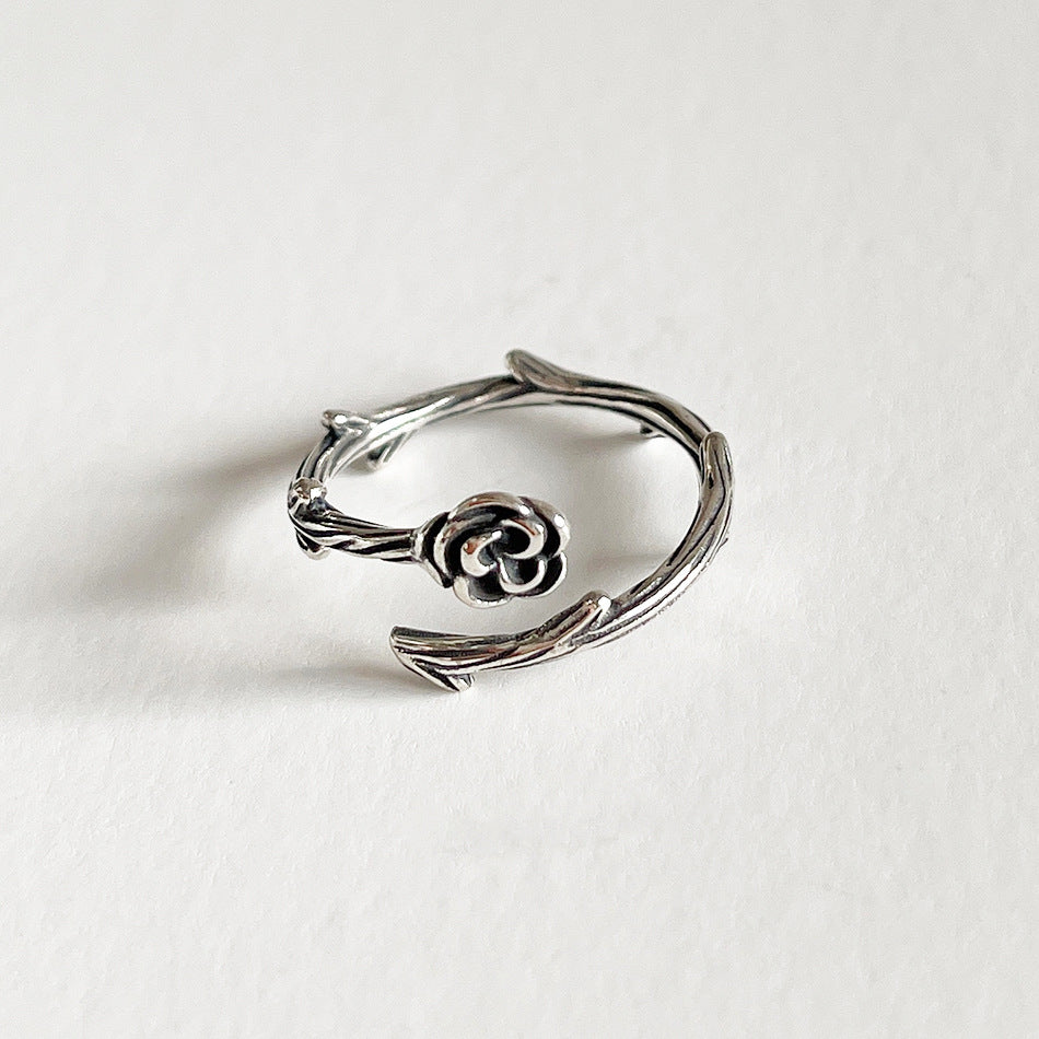 Anello aperto a cuore floreale vintage in argento sterling 925 da donna
