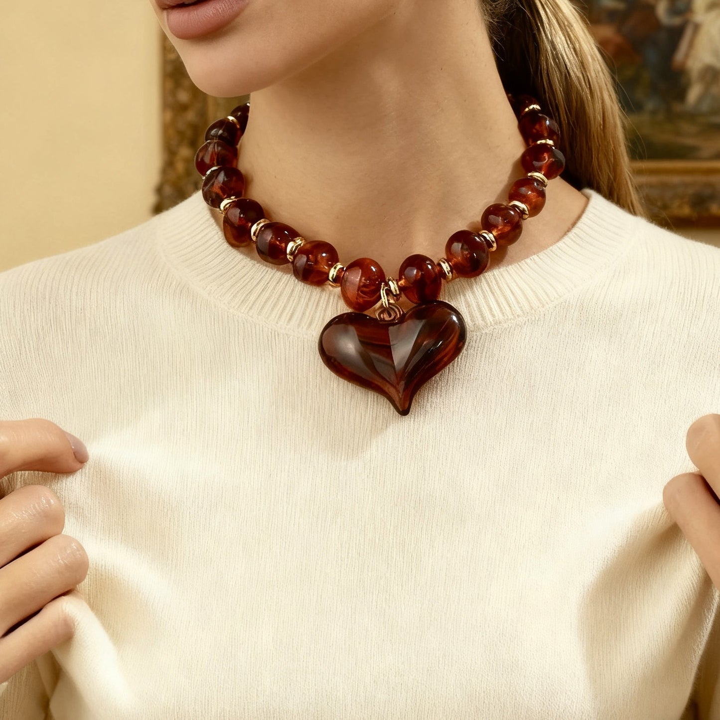 Collana Pendente Vintage Cuore Goccia Olio Resina con Perline Sfumate da Donna