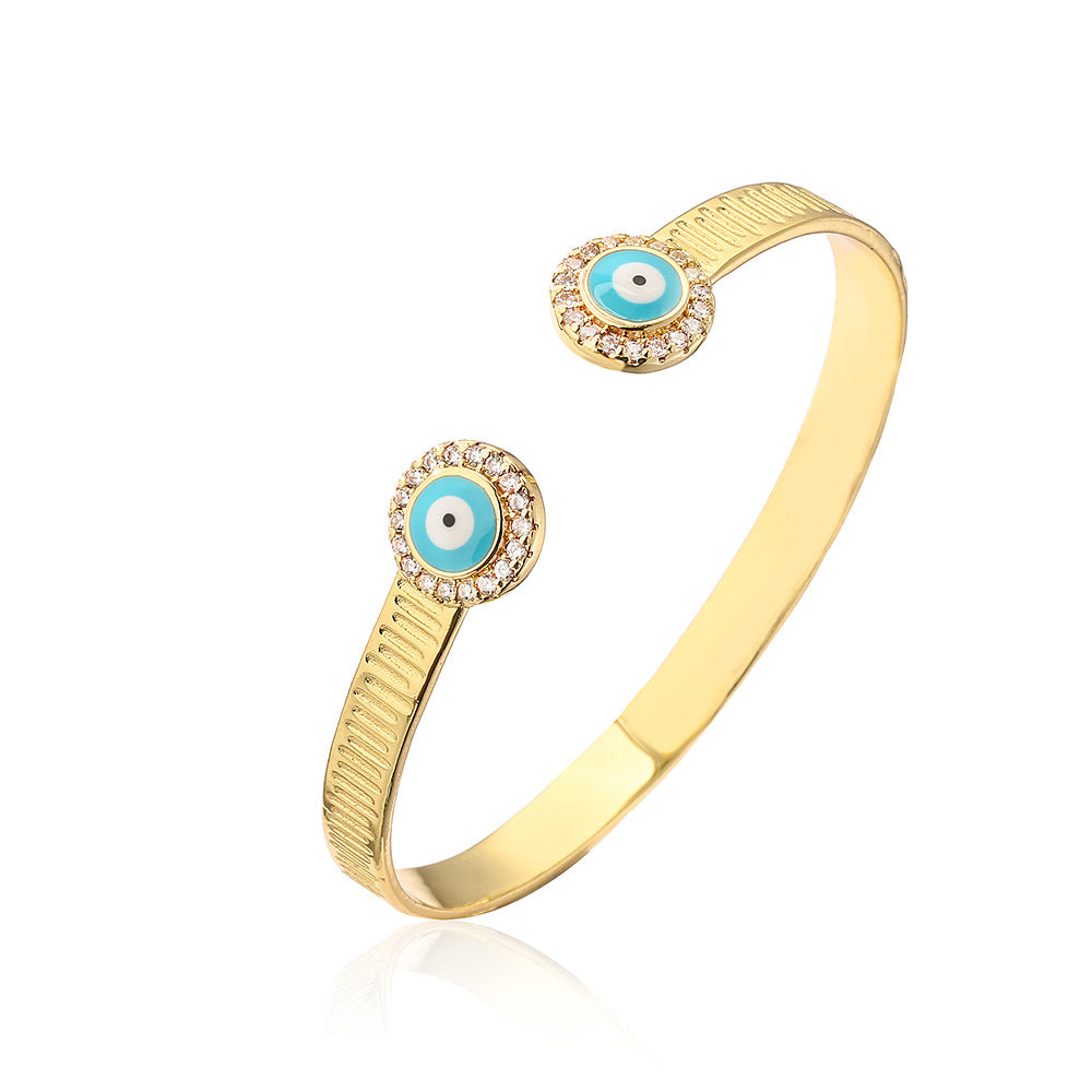 Minimalist Fashion Eye-Shaped Copper Bracelet with 18K Gold Plating and Zircon Inlay for Women