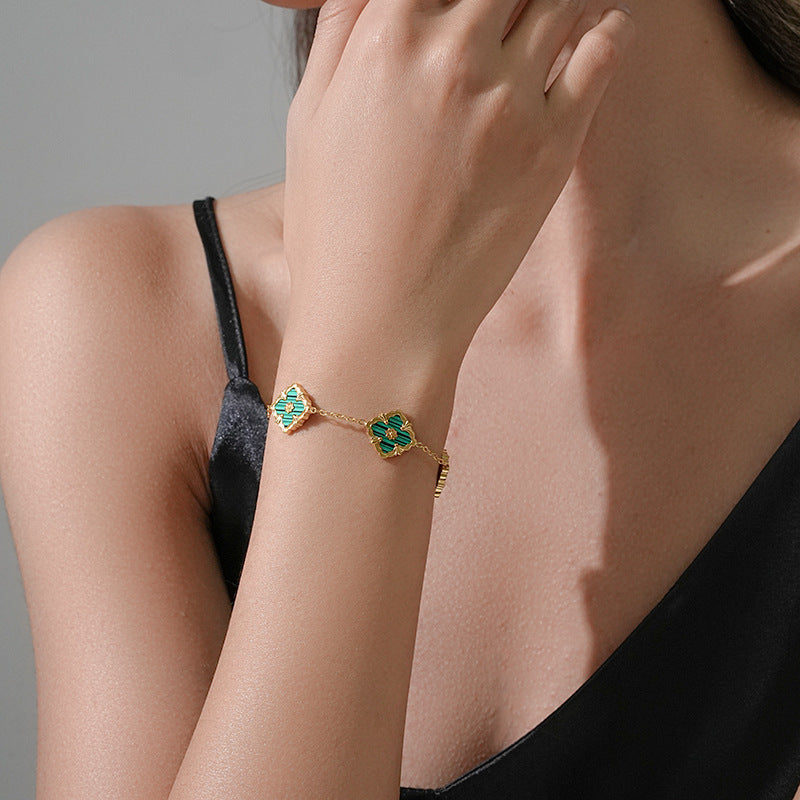 Minimalist Rhombus-Shaped Titanium Steel Necklace Set with Earrings and Bracelet, Vacuum-Plated 18K Gold Finish, Snake Chain