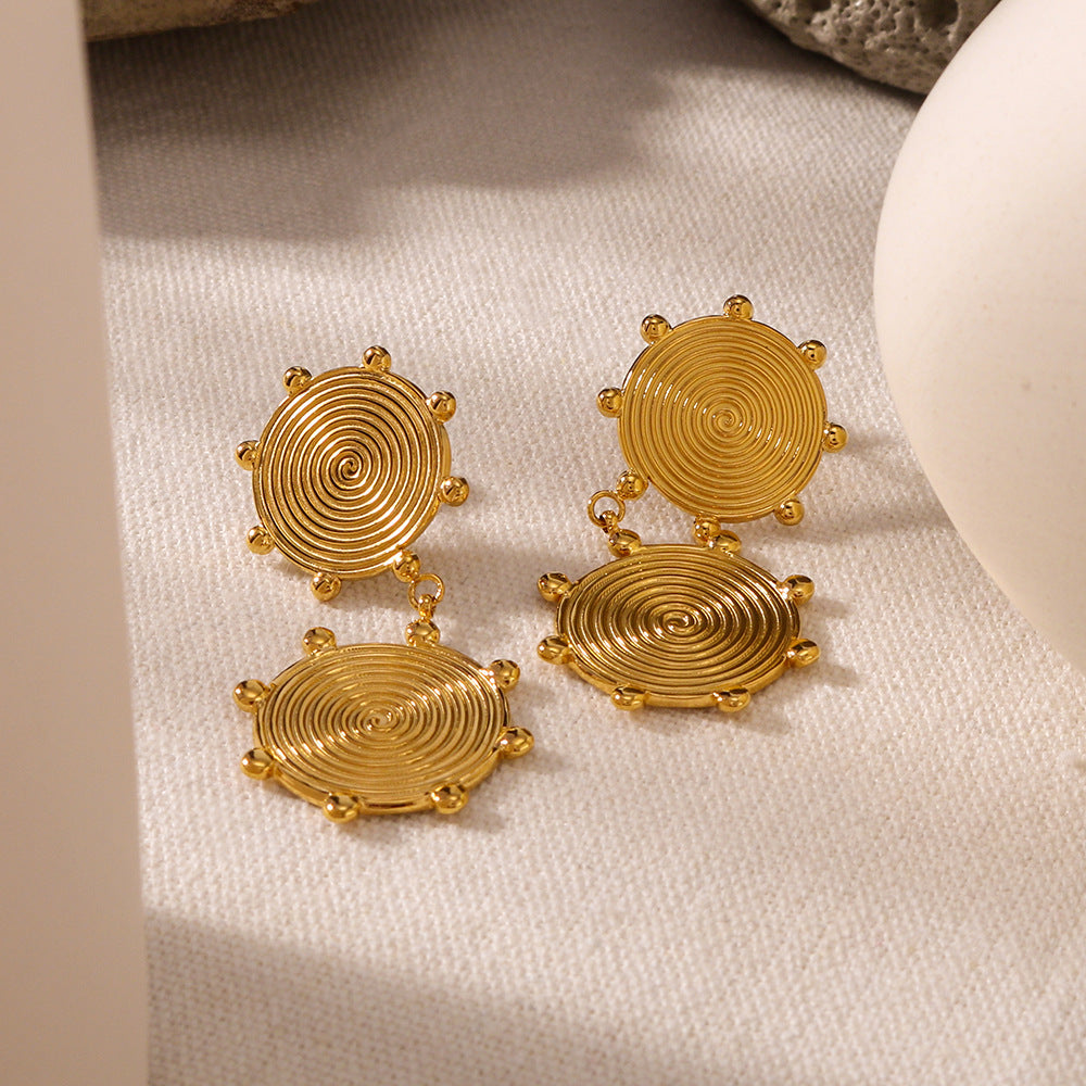 Minimalist Geometric Stainless Steel Plated 18K Gold Disc Pendant Earrings for Women with Asymmetrical Design