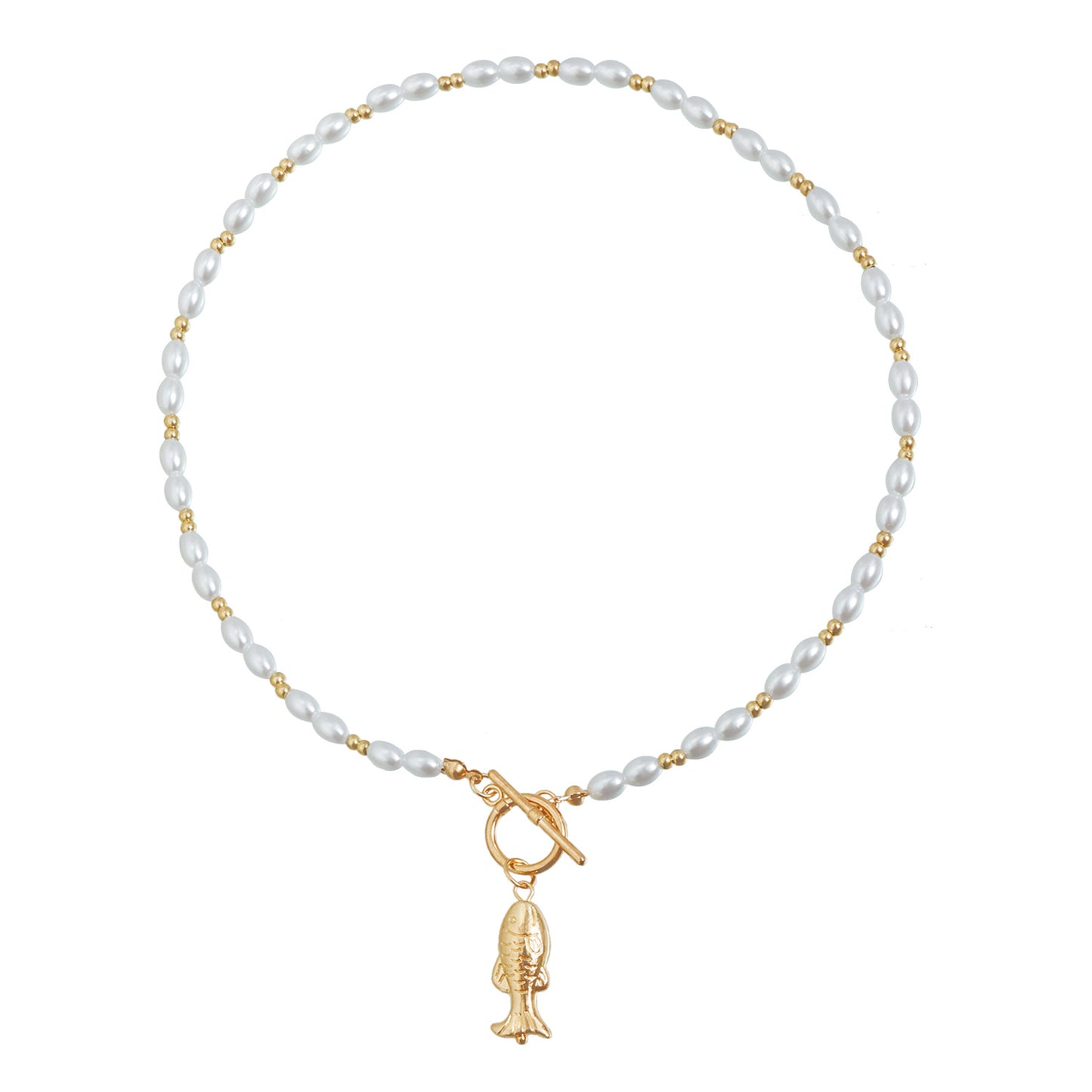 Creative Geometric Fish Pendant Necklace with Imitation Pearl Beads and OT Clasp for Women