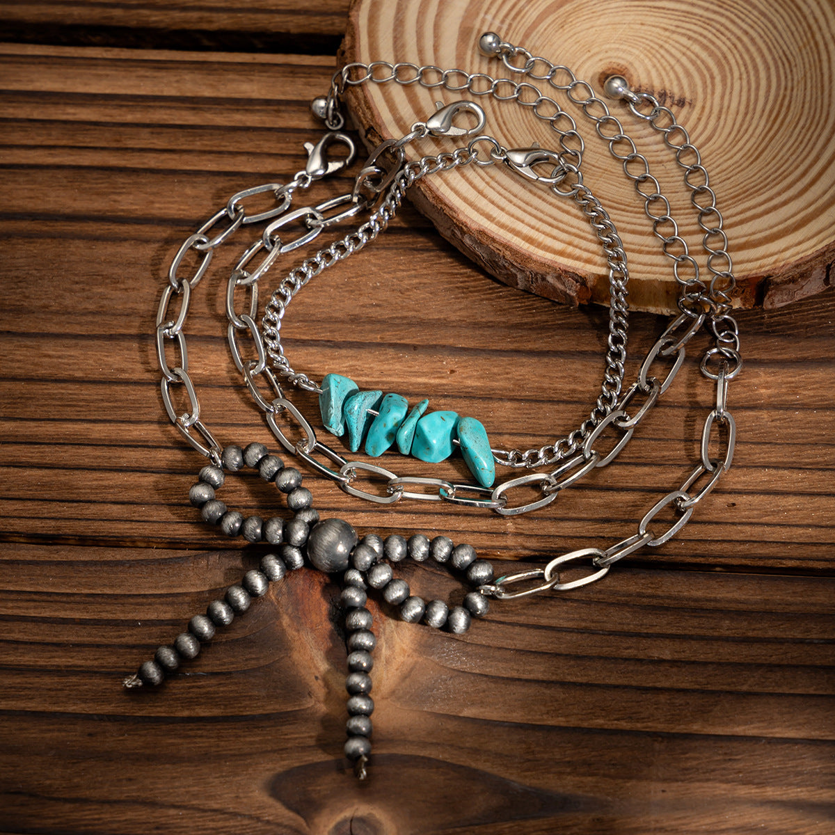 Bohemian Vintage Geometric Turquoise Pendant Plated Ball Chain Necklace for Women