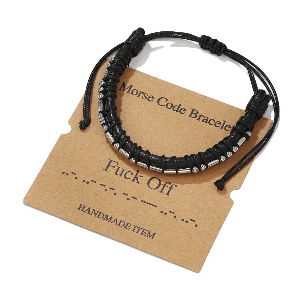 Morse Code Letter Number Stainless Steel Leather Bracelet Unisex