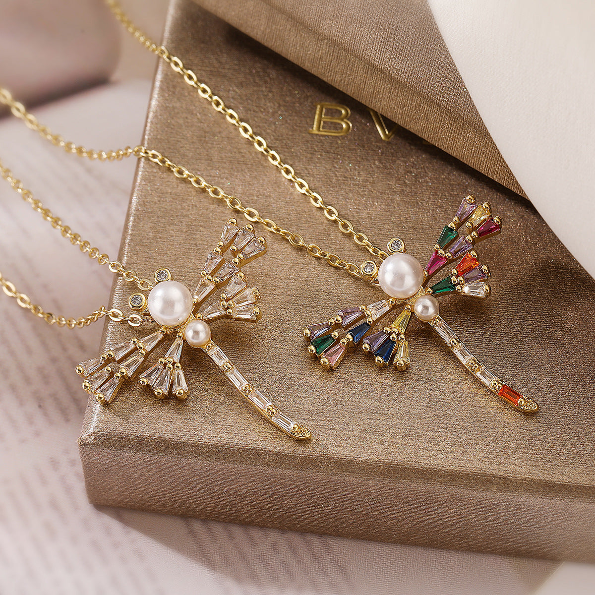 Minimalist Dragonfly Pendant Necklace for Women in Copper with Gold Plating and Zircon Accents