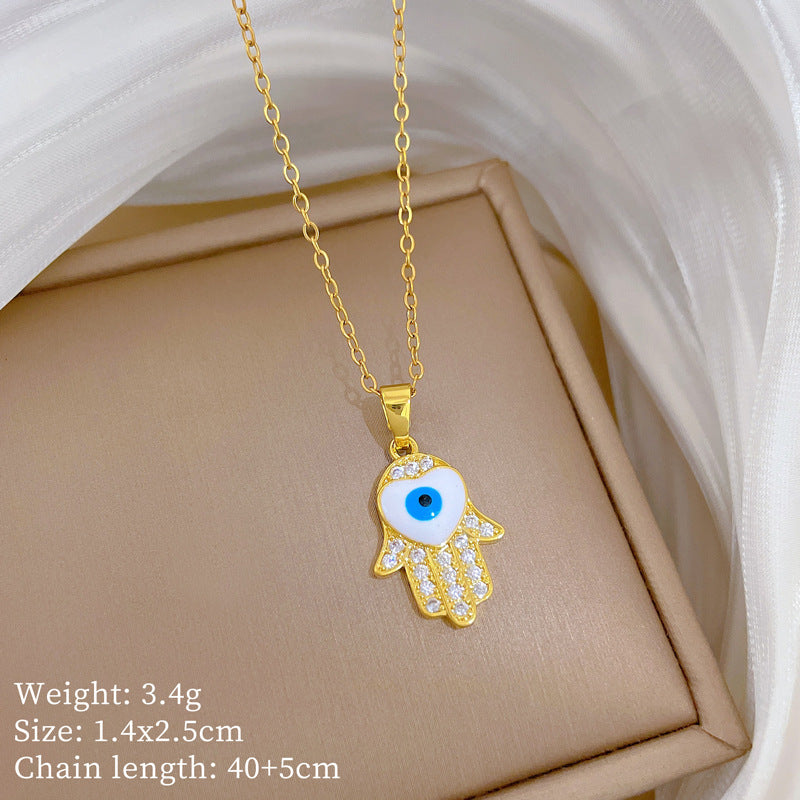 Sweet Elegant Geometric Cartoon Hand Eye Drip Oil Rhinestone Pendant Necklace Titanium Steel Cable Chain Unisex