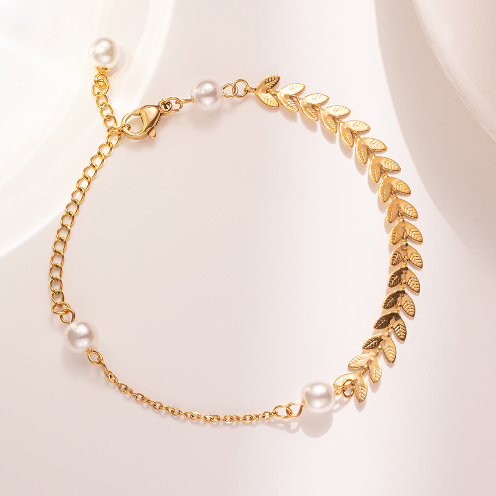 Minimalist Geometric Titanium Steel Bracelet with Pearl Accents for Women, Electroplated Luxury Hand Jewelry
