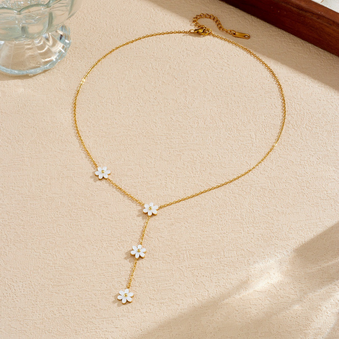 Sweet Gold Plated Stainless Steel Floral Tassel Y-Shape Chain Necklace for Women