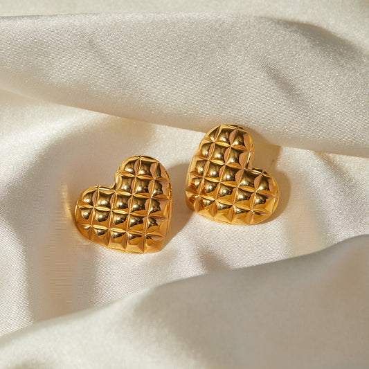 Ins Style 18K Gold Plated Stainless Steel Grid Pattern Heart Shape Earrings for Women