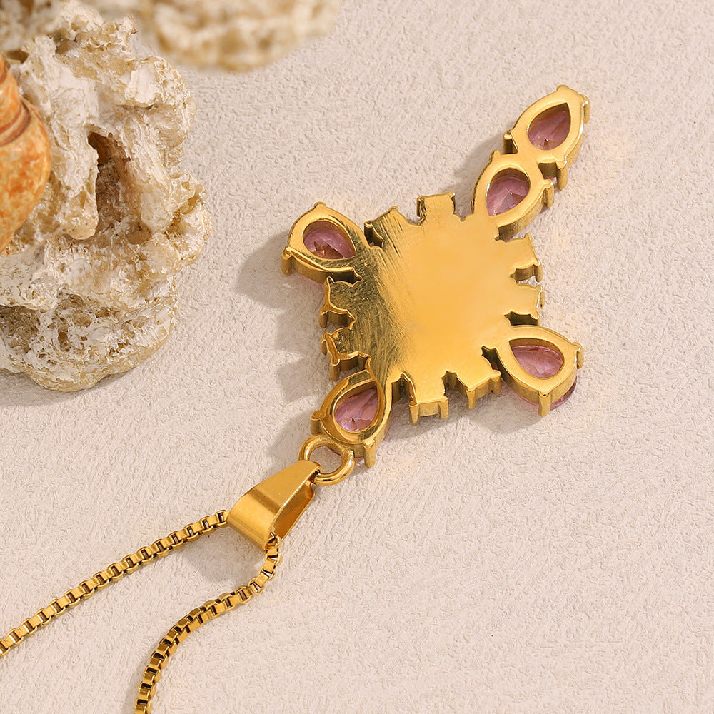 Fashionable OL Style Geometric Stainless Steel Pendant Necklace with 18K Gold Plating and Rhinestone-Inlaid Cross