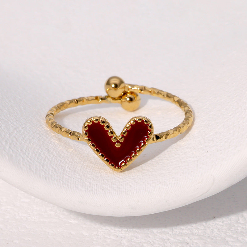 Vintage French-Style Geometric Stainless Steel Adjustable Open Ring for Women with Polished Finish and Heart-Eye Motif
