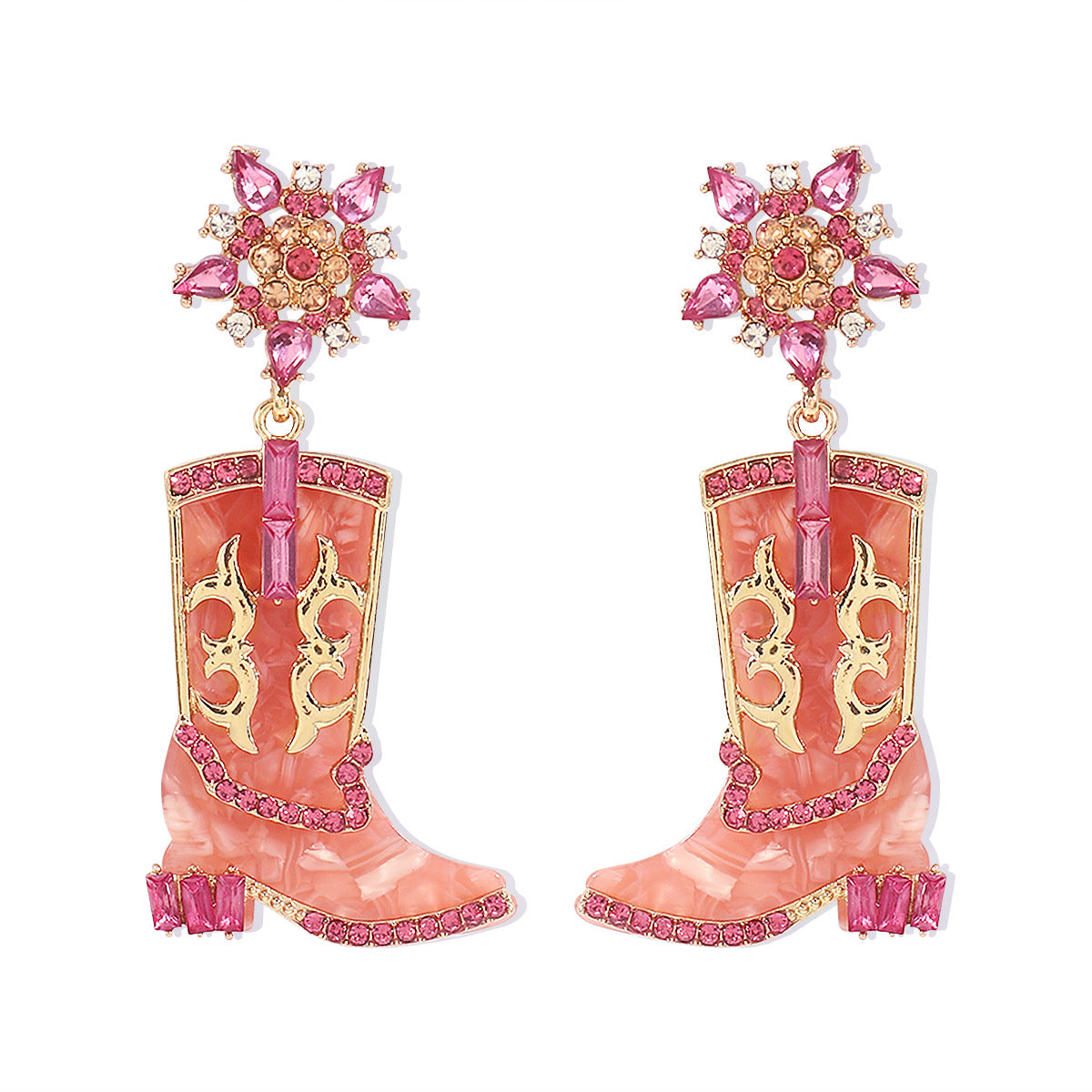 Pendientes de aleación con forma de bota vaquera, dulces y atrevidos, con incrustaciones de diamantes de imitación y acabado esmaltado para mujer