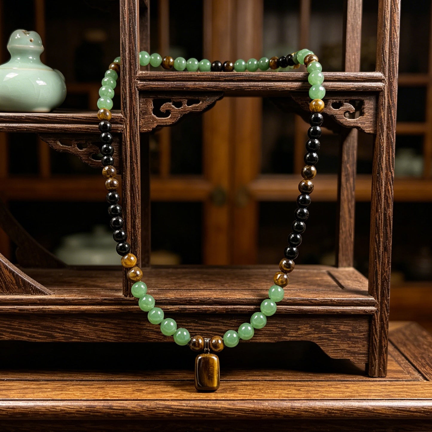 Square Obsidian Pendant Natural Stone Beaded Necklace Unisex