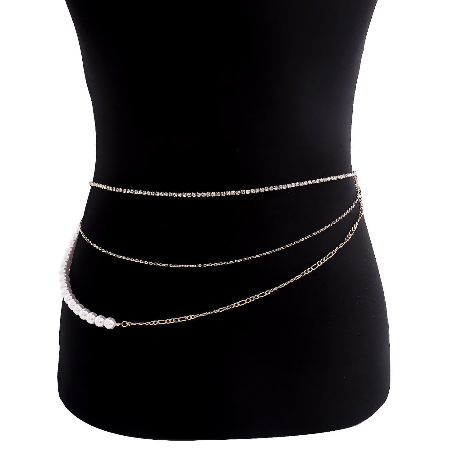 Punk Minimalist Multi-Layer Curb Chain Waist Chain with Rhinestone and Imitation Pearl for Women