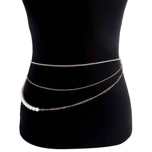 Punk Minimalist Multi-Layer Curb Chain Waist Chain with Rhinestone and Imitation Pearl for Women