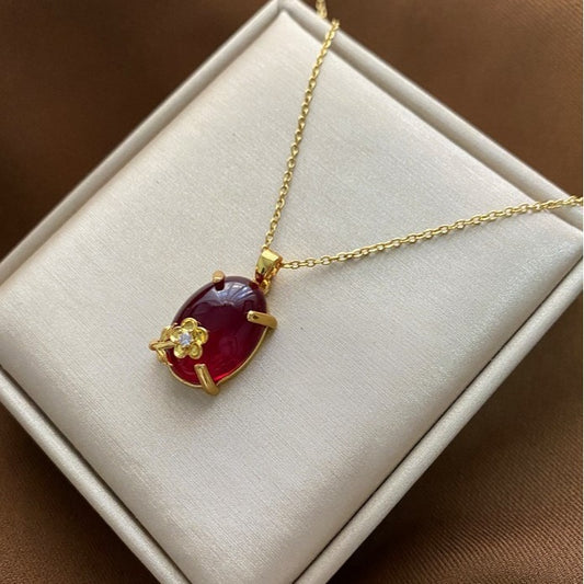 Elegant Oval Floral Ruby Pendant Necklace in Titanium Steel with O-Chain for Unisex Wear
