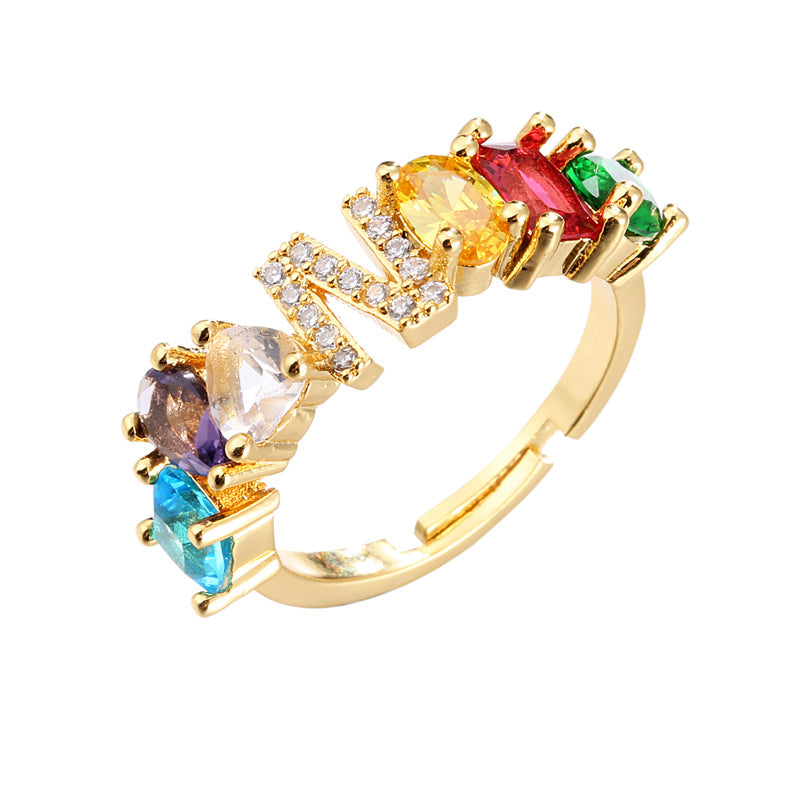 Hand-Set Cubic Zirconia Letter Open Ring Gold Plated Brass Adjustable Women