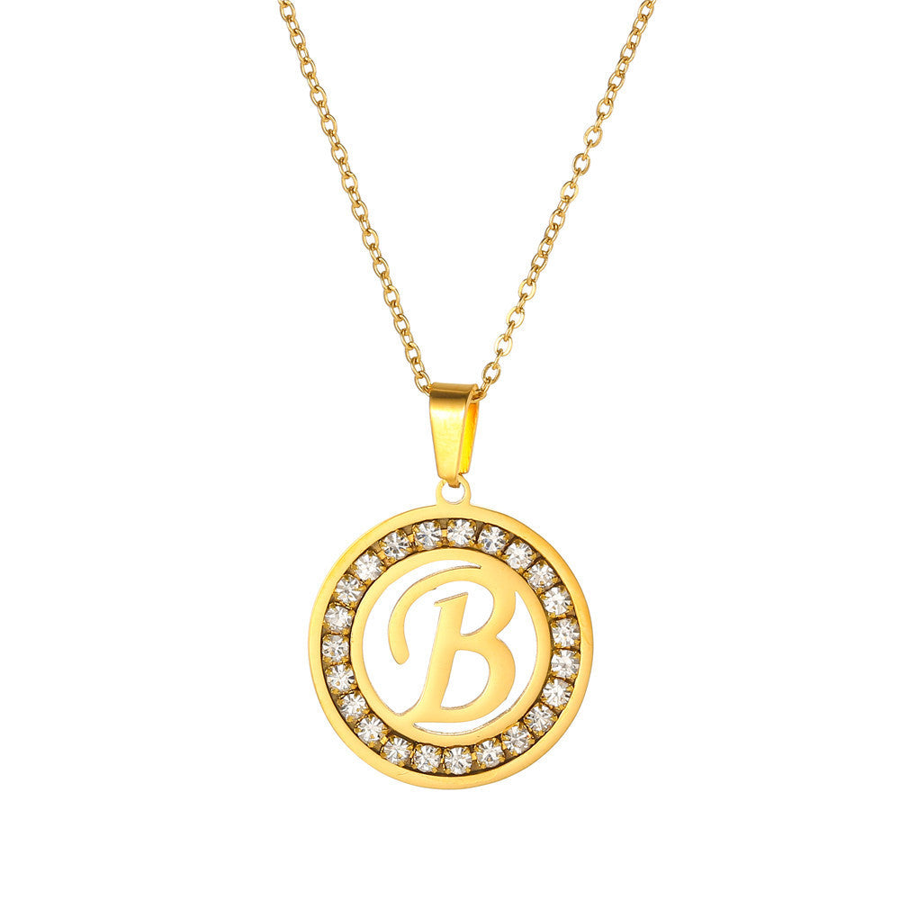 Minimalist Gold Plated Round Letter Rhinestone Inlay Pendant Necklace Titanium Steel Cable Chain