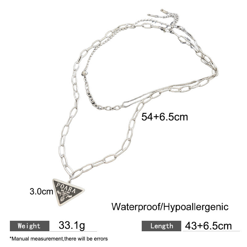 Geometric Gold Plated Titanium Steel Double Layer Necklace with Inverted Triangle Letter and Round Ball Pendant
