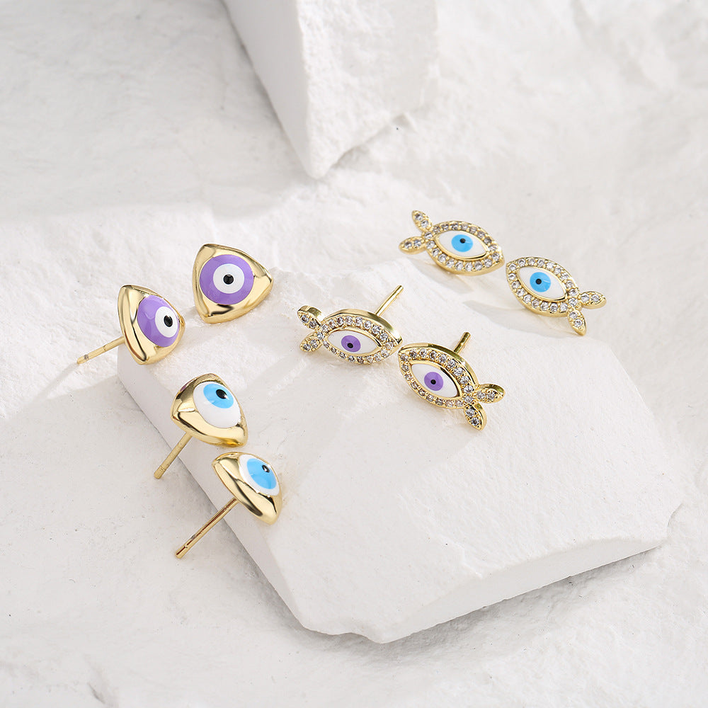 Minimalist Geometric Copper Earrings with 18K Gold Plating and Enamel Finish, Zirconia Inlay for Women