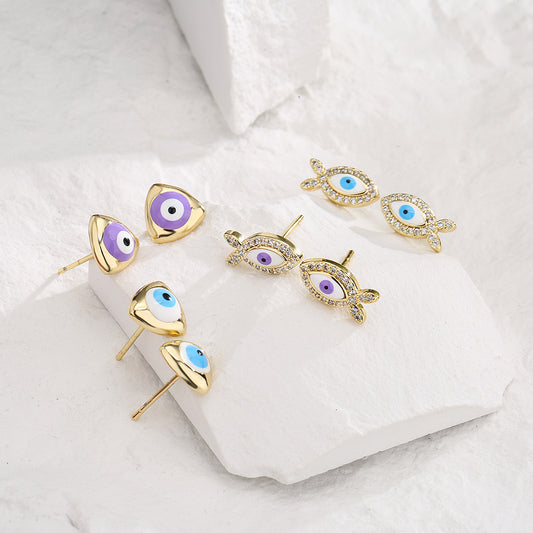 Minimalist Geometric Copper Earrings with 18K Gold Plating and Enamel Finish, Zirconia Inlay for Women