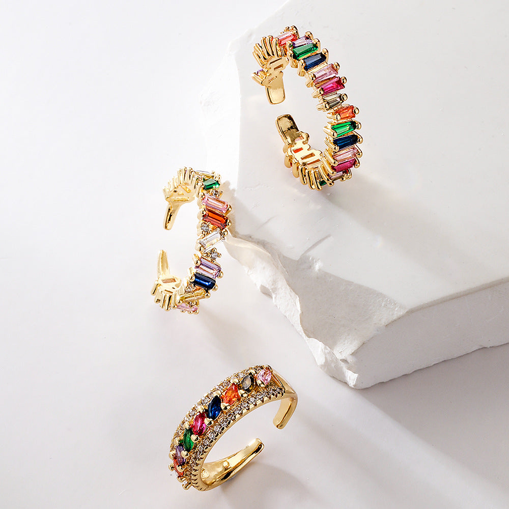 Minimalist Geometric Copper Ring with 18K Gold Plating and Colored Zircon Inlay for Women