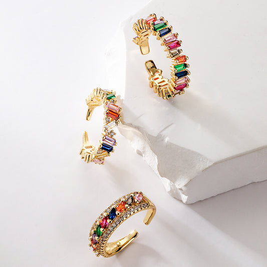 Minimalist Geometric Copper Ring with 18K Gold Plating and Colored Zircon Inlay for Women