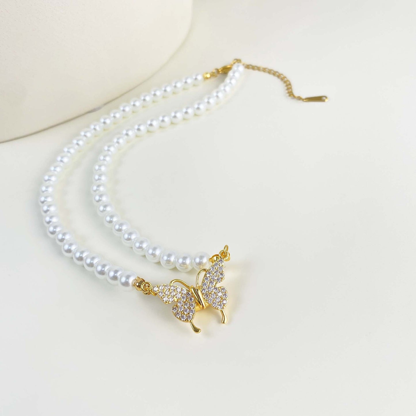 Minimalist Butterfly Pendant Necklace in Titanium Steel with 18K Gold Plating and Magnetic Clasp, Pearl-Style Chain