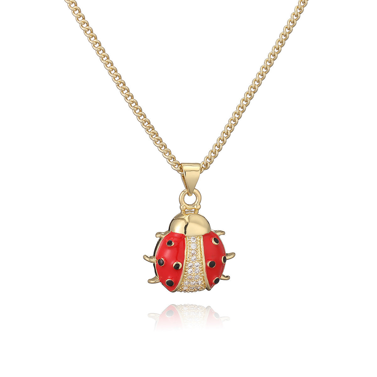 Collana con Ciondolo a Coccinella Floreale Irregolare Minimalista in Rame Placcato Oro 18K e Finitura a Smalto