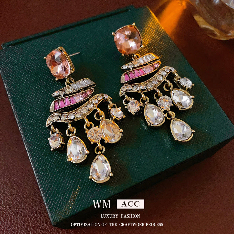 Vintage Drip-Shaped Geometric Alloy Earrings with Rhinestone Inlay, Stainless Steel Post, Elegant Court-Inspired Luxury Ear Jewelry for Women