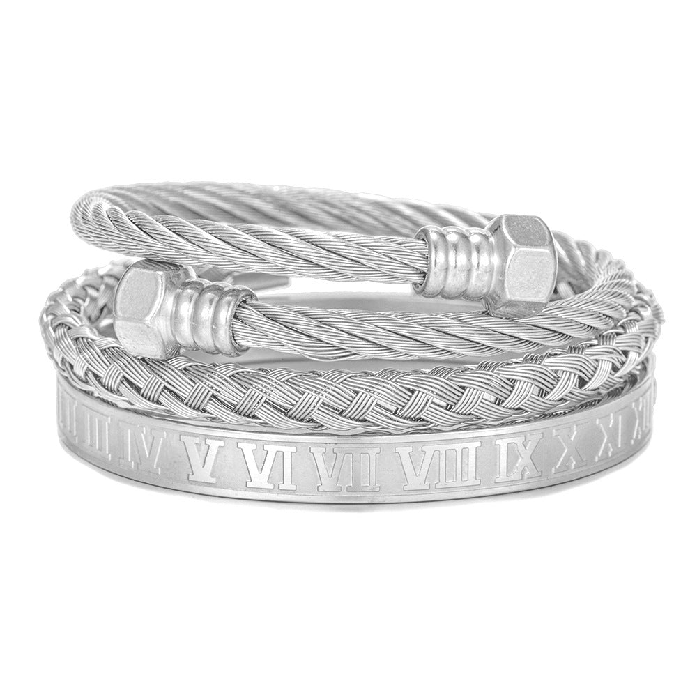 Punk Geometric Round Letter Titanium Steel Plated Open Cuff Bracelet Set for Unisex