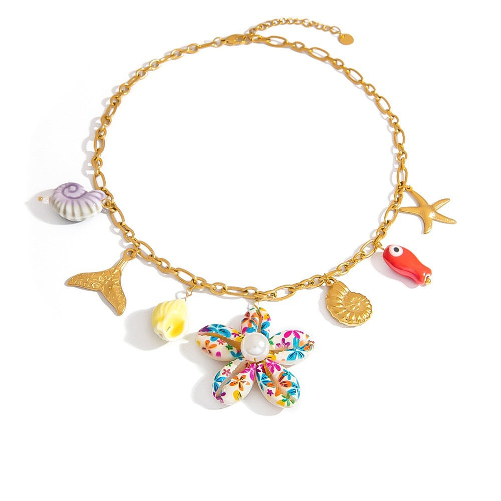 Sweet Streetwear Geometric Stainless Steel Plated Shell Starfish Pendant Necklace for Women