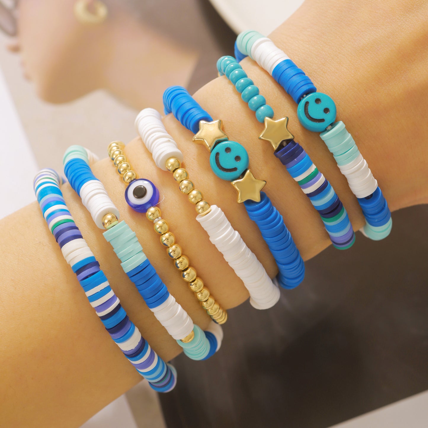 Bohemian Handmade Geometric Heart and Letter Resin Bead Bracelet Set with Stainless Steel and Brass Accents for Unisex