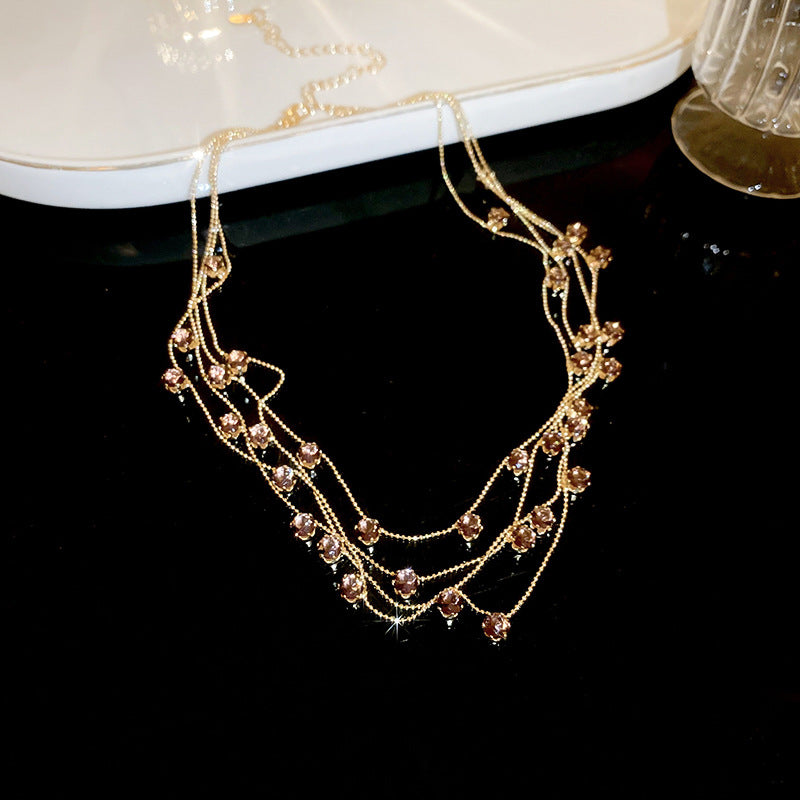 Elegante Collana Multistrato in Zirconi con Forma Geometrica da Donna, Catena alla Clavicola alla Moda con Dettagli Rotondi e Lineari, Gioielli Estivi
